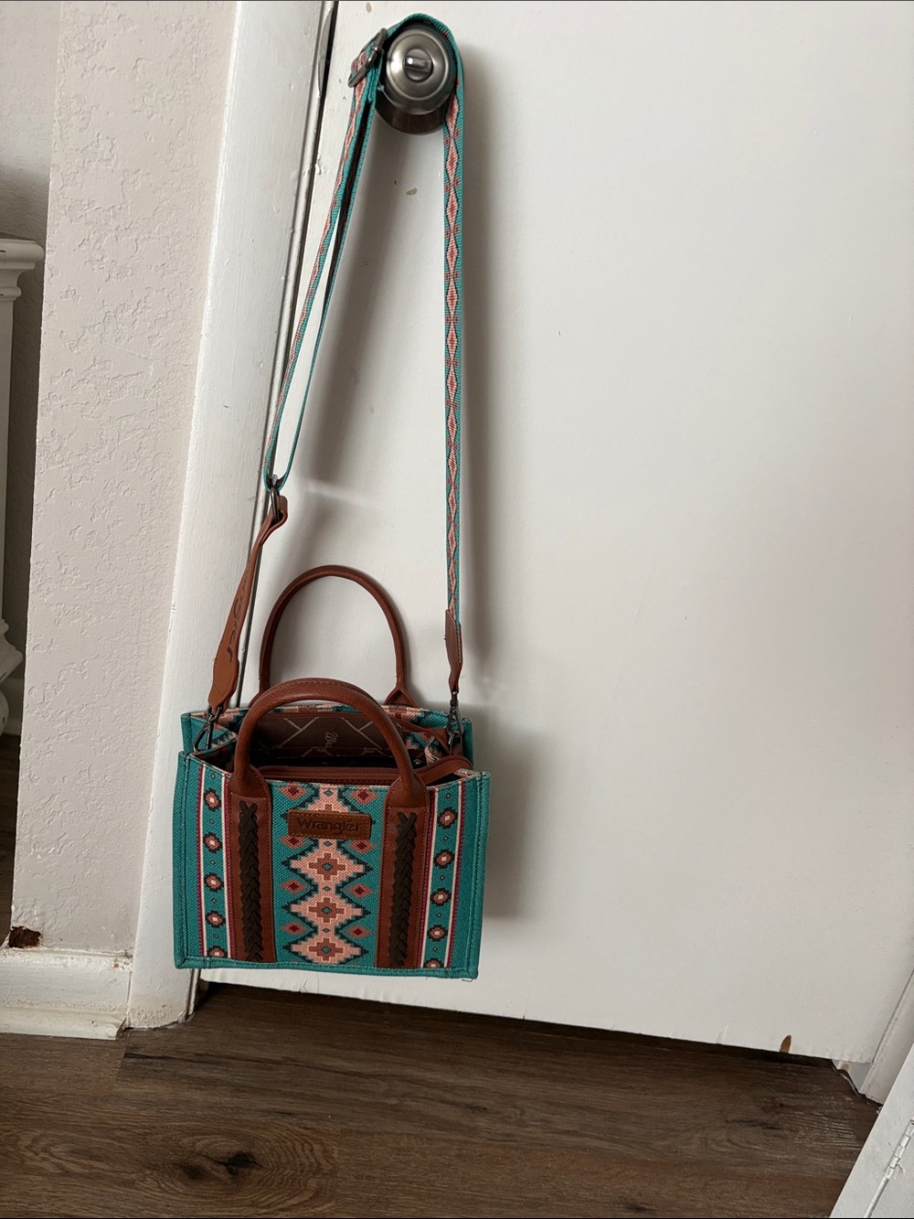 Wrangler Turquoise & Brown Woven Mini Crossbody Bag